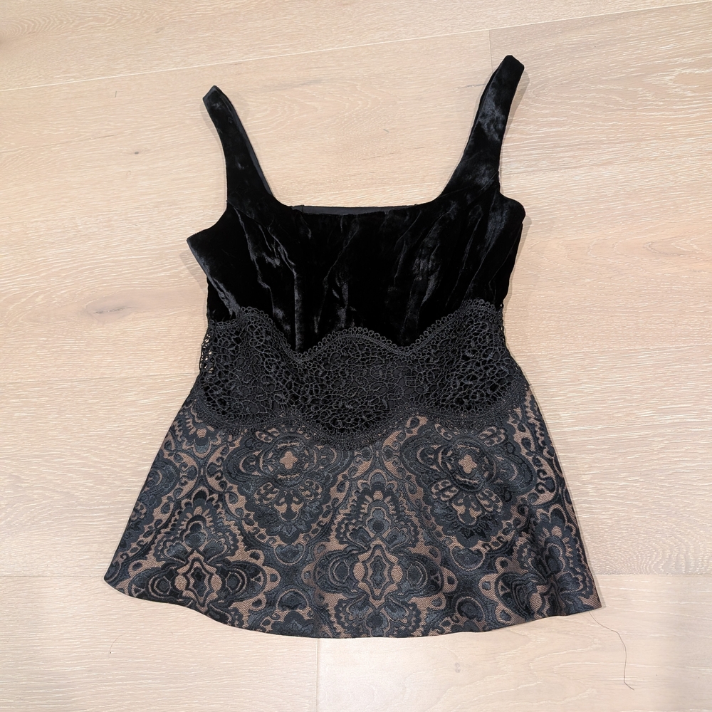 Bebe Velvet And Brocade Lace Square Neck Peplum Top Y2K Black Deadstock Size 2